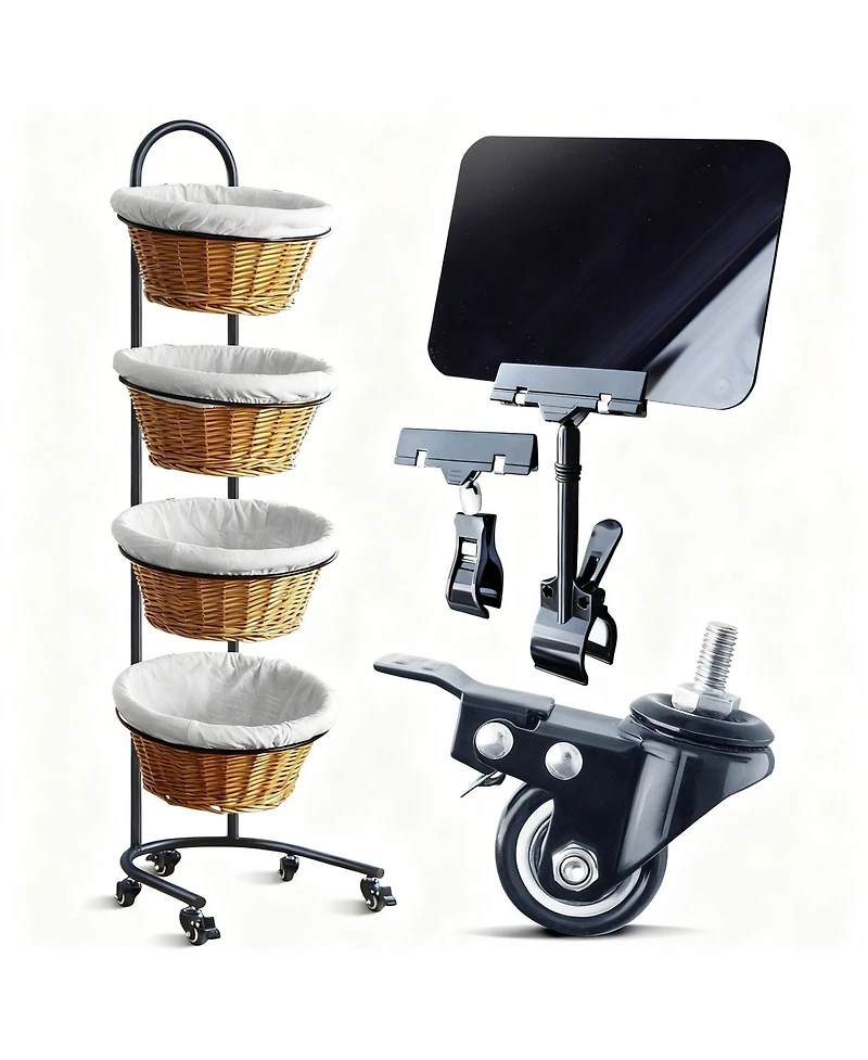 Yigii 4 Tier Metal Display shelves with Wheels Sign Clips Baskets for Retail Market