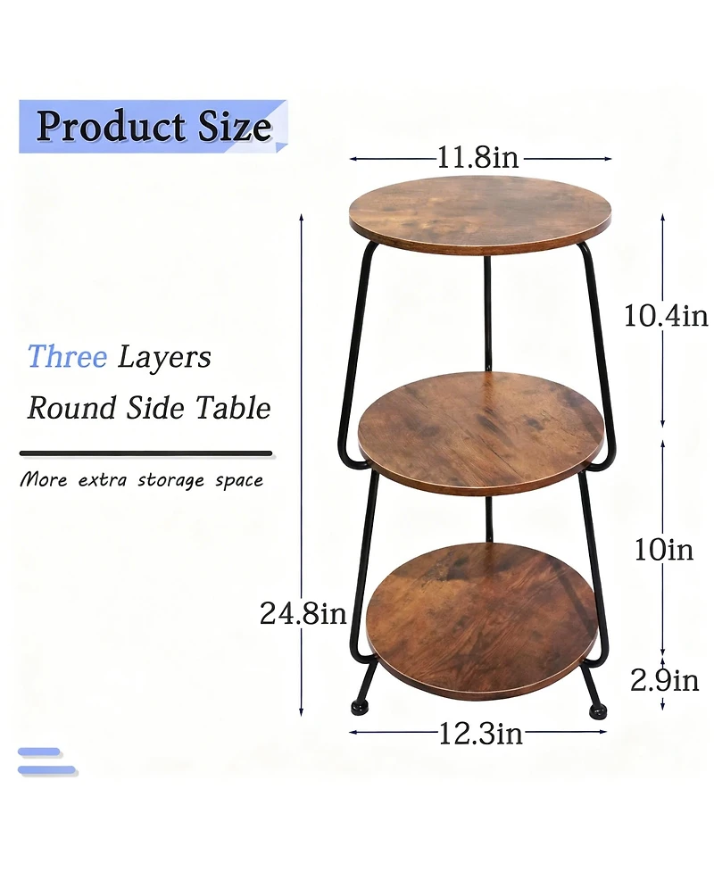 Yigii Small Round Side shelf 3 Tier Circular End Table Brown Nightstand Storage Shelf