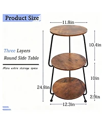 Yigii Small Round Side shelf 3 Tier Circular End Table Brown Nightstand Storage Shelf