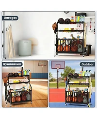 Yigii Organizer 37 Gallon Ball Storage Bin Steel shelf Baskets Hooks Elastic Straps Wheels