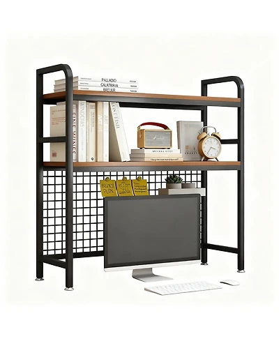 Yigii 2-Tier Desktop Hutch Bookshelf Metal Grid Panel Storage Organizer