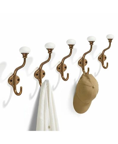 Yigii 5-Pack Double Wall-Mounted Coat Hooks, Decorative Hardware for Bathroom, Bedroom & Kitchen