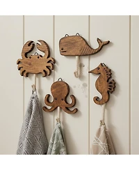 Yigii Sea Life Wooden Wall Hooks Set of 4 Handmade Animal Decorative Hooks for Nursery Beach Room