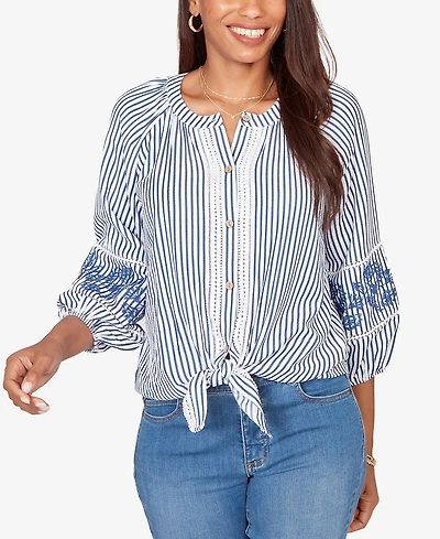 Ruby Rd. Petite Embroidered Seersucker Tie-Front Henley Top