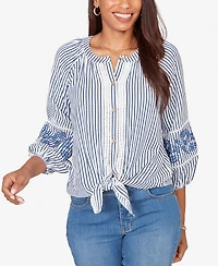 Ruby Rd. Petite Embroidered Seersucker Tie-Front Henley Top