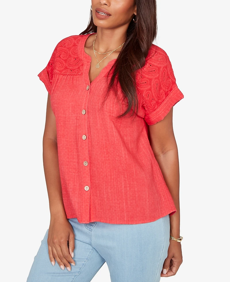 Ruby Rd. Petite Paisley Embroidered Gauze-Button T-Shirt
