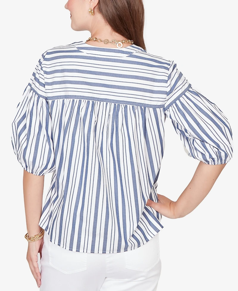 Ruby Rd. Petite Striped Cotton Poplin Elastic-Cuff Top