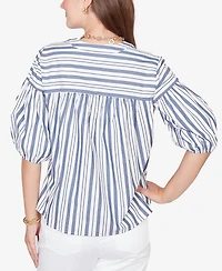 Ruby Rd. Petite Striped Cotton Poplin Elastic-Cuff Top