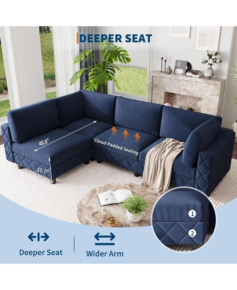 gaomon 103" Modular Sectional Sofa, L-Shaped Velvet Cloud Couch, 4-Seat Upholstered Sofa
