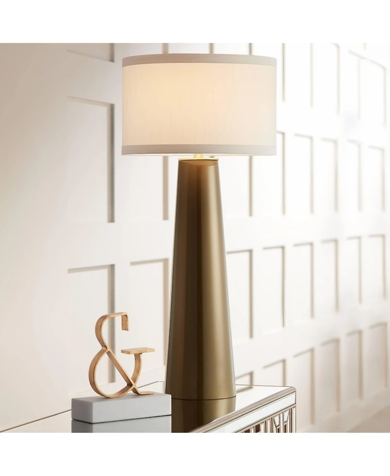 Possini Euro Design Modern Table Lamp 36" Tall with Usb Dimmer Dark Gold Glass Fabric Drum Shade for Bedroom Living Room House Bedside Home