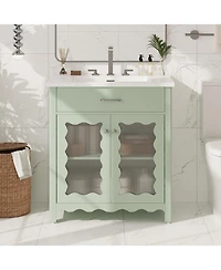 Busdays 30" Bathroom Vanity with Tempered Glass, Modern Cabinet with Rubber Wood Legs and Soft-Close Doors