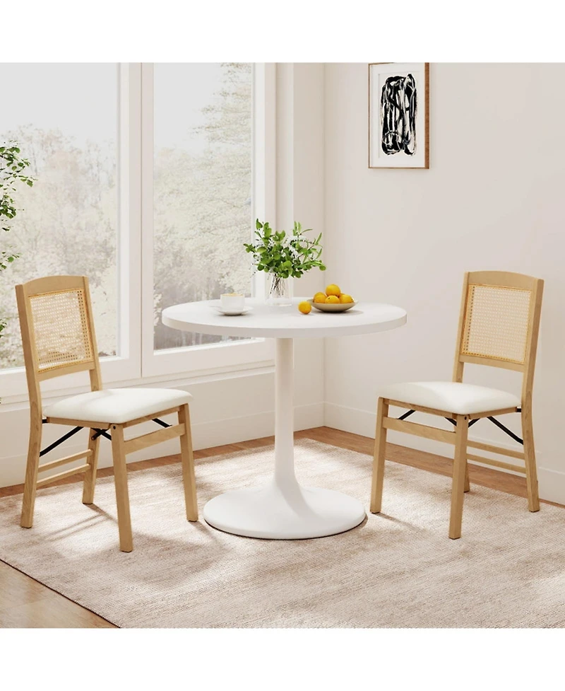 Gouun Set of 2 Folding Rubber Wood Dining Chairs with Rattan Back and Linen Padded Seat