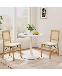Gouun Set of 2 Folding Rubber Wood Dining Chairs with Rattan Back and Linen Padded Seat