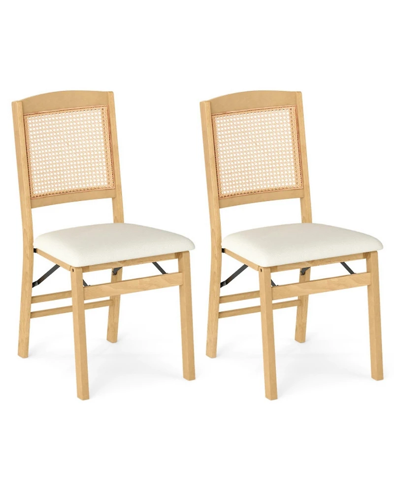 Gouun Set of 2 Folding Rubber Wood Dining Chairs with Rattan Back and Linen Padded Seat