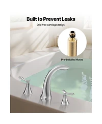 Busdays Brushed Stainless Steel 3 Hole Bathtub Faucet Set, Waterfall Gooseneck Deck Mount Tub Faucet with 2 Handles