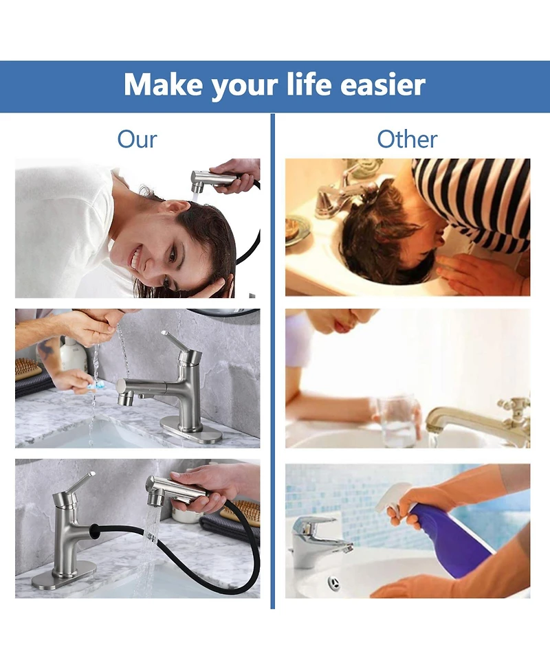 Busdays Brushed Nickel Pull Out Bathroom Sink Faucet with Pop-up Drain and Deck Plate