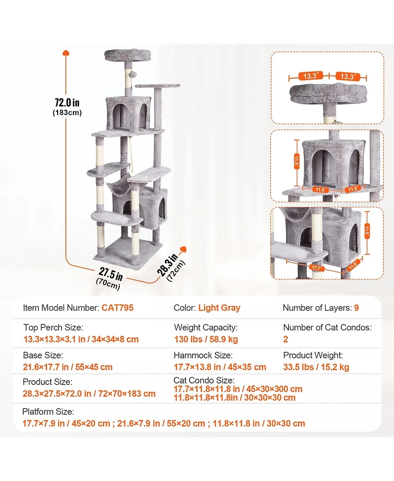 Zeus & Ruta 72 Inch Modern Cat Tree Tower with 2 Condos Sisal Scratching Posts Large Activity Center