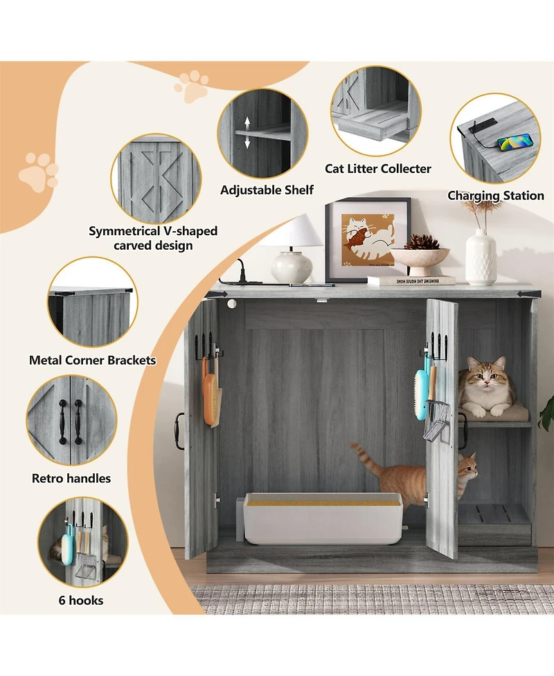 Zeus & Ruta Cat Litter Box Cabinet with Power Outlet Hidden Modern Furniture for Large Automatic Litter Boxes with Litter Catcher