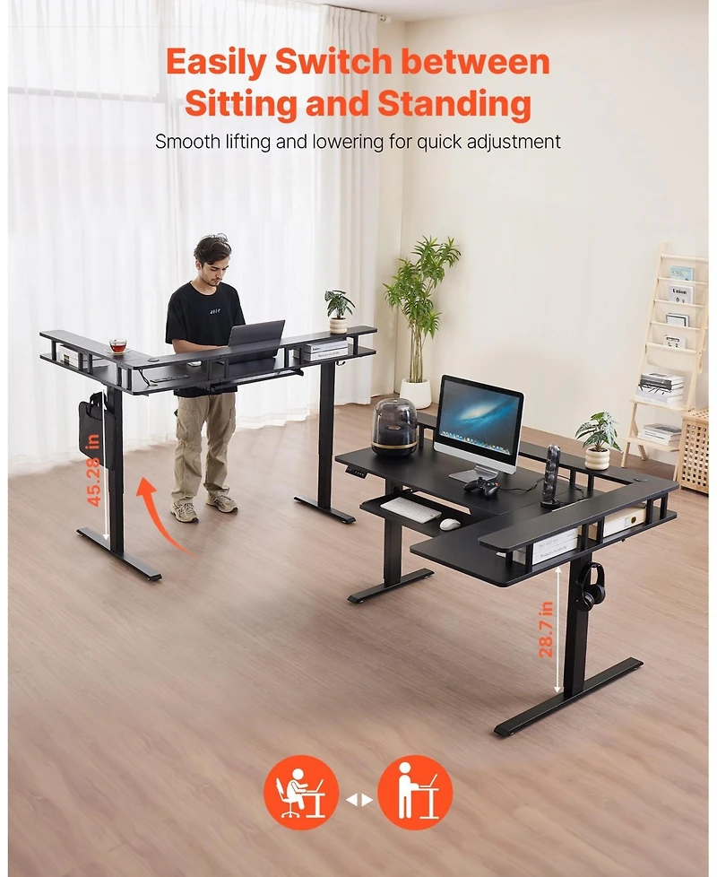 Gouun L Shaped Electric Standing Desk 63 x 43 in, Adjustable Height Corner Desk with Keyboard Tray and Power Strip