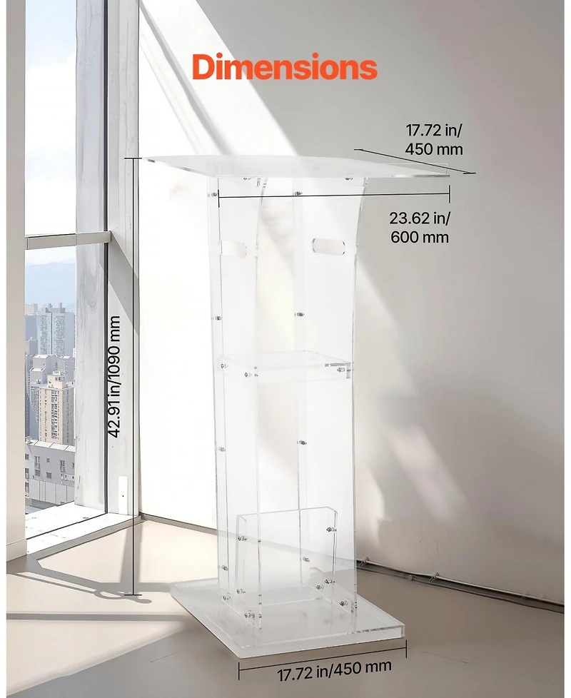 Gouun 43 in Acrylic Podium Stand, Portable Floor-Standing Lectern with Storage Shelf and Wide Reading Surface