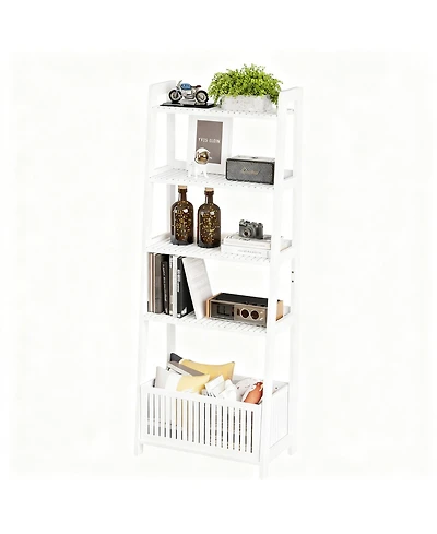 Yigii Ladder Shelf 4-Tier Bookshelf with Storage Basket Bamboo Bookcase