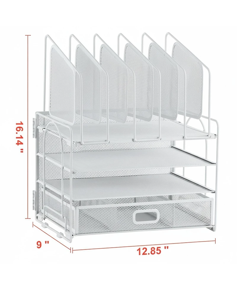 Yigii Multifunctional Desk Organizer 4 Tier Mesh File 5 Vertical Holders 3 Compartment Drawer 2 Pen Holders Easy Assemble Metal Office