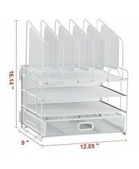 Yigii Multifunctional Desk Organizer 4 Tier Mesh File 5 Vertical Holders 3 Compartment Drawer 2 Pen Holders Easy Assemble Metal Office