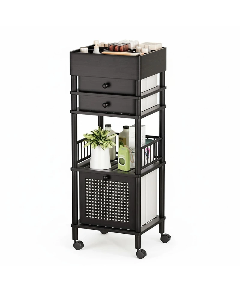 Yigii Bamboo Makeup Organizer Cart 3 Drawers Rolling Storage for Bathroom Bedroom Vanity Skin Care Perfume Hair Tools