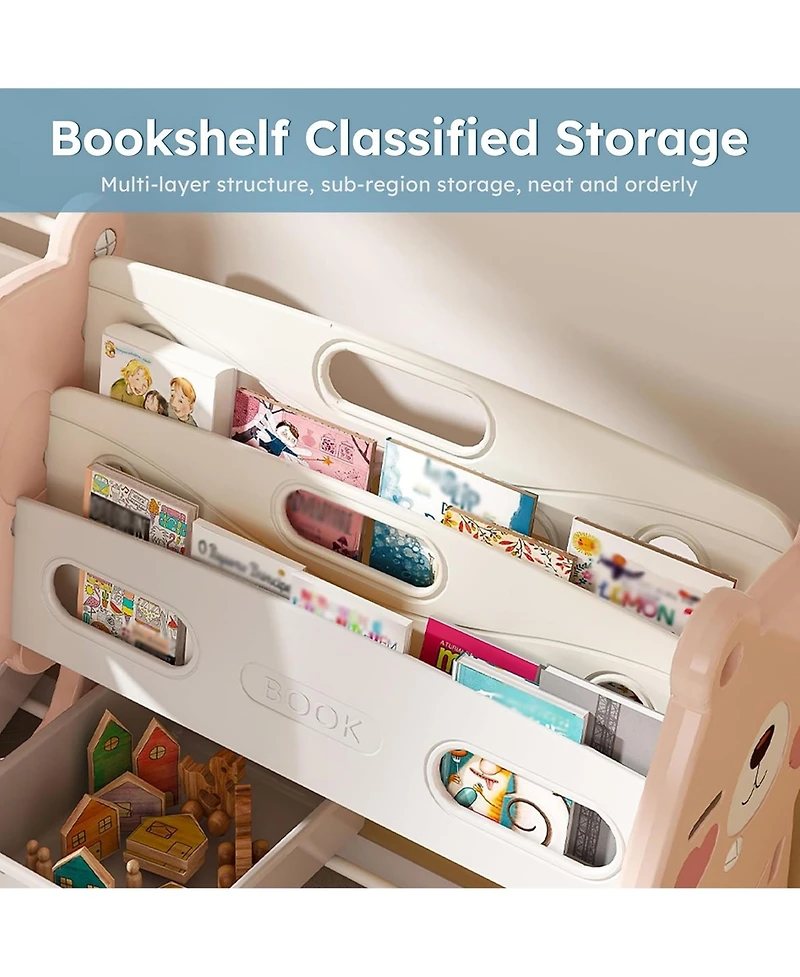 Rainsken Kids Bookshelf, Toy Storage Organizer with 12 Toy Bins and 2 Tier Display Rack for Playroom, Bedroom, Kids Room and Classroom