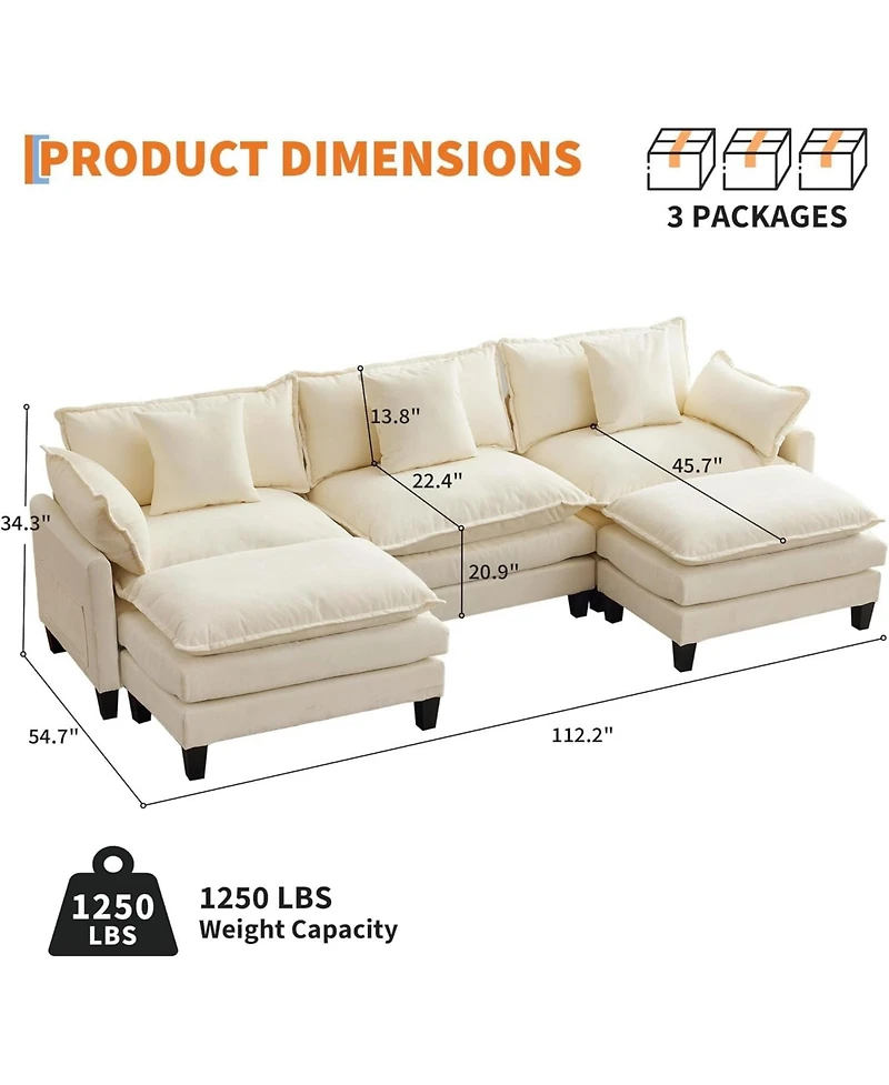gaomon 112" U-Shaped Modular Sectional Sofa, Deep Seat Cloud Couch with Chenille and Corduroy, 2 Ottomans and Armrests