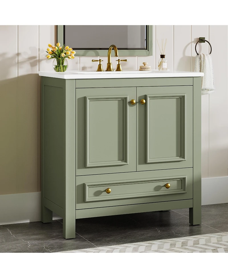 Tribesigns 30" Bathroom Vanity with Sink, Freestanding Vanity with Solid Wood Frame, Ceramic Sink, Soft-Close Doors, Drawer & Door Organizer