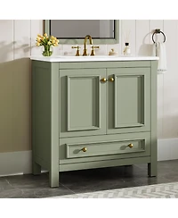 Tribesigns 30" Bathroom Vanity with Sink, Freestanding Vanity with Solid Wood Frame, Ceramic Sink, Soft-Close Doors, Drawer & Door Organizer