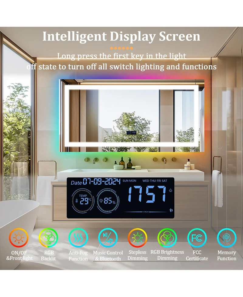 Luvod 48"x24" Rectangle Smart Led Bathroom Mirror Smart Led Bathroom Mirror Digital Display Anti Fog Memory Function