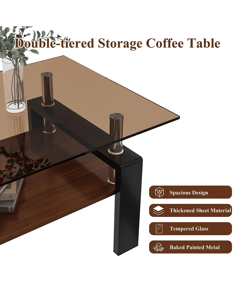 Rainsken 2-Tier Coffee Table, Rectangle Center Table with Tempered Glass Top, Mdf Shelf and Metal Legs for Living Room, Home Office