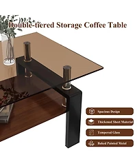 Rainsken 2-Tier Coffee Table, Rectangle Center Table with Tempered Glass Top, Mdf Shelf and Metal Legs for Living Room, Home Office