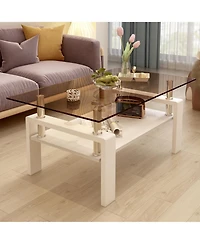 Rainsken Modern 2-Tier Coffee Table, Rectangle Center Table with Tempered Glass Top, Mdf Shelf and Metal Legs for Living Room, Home Office