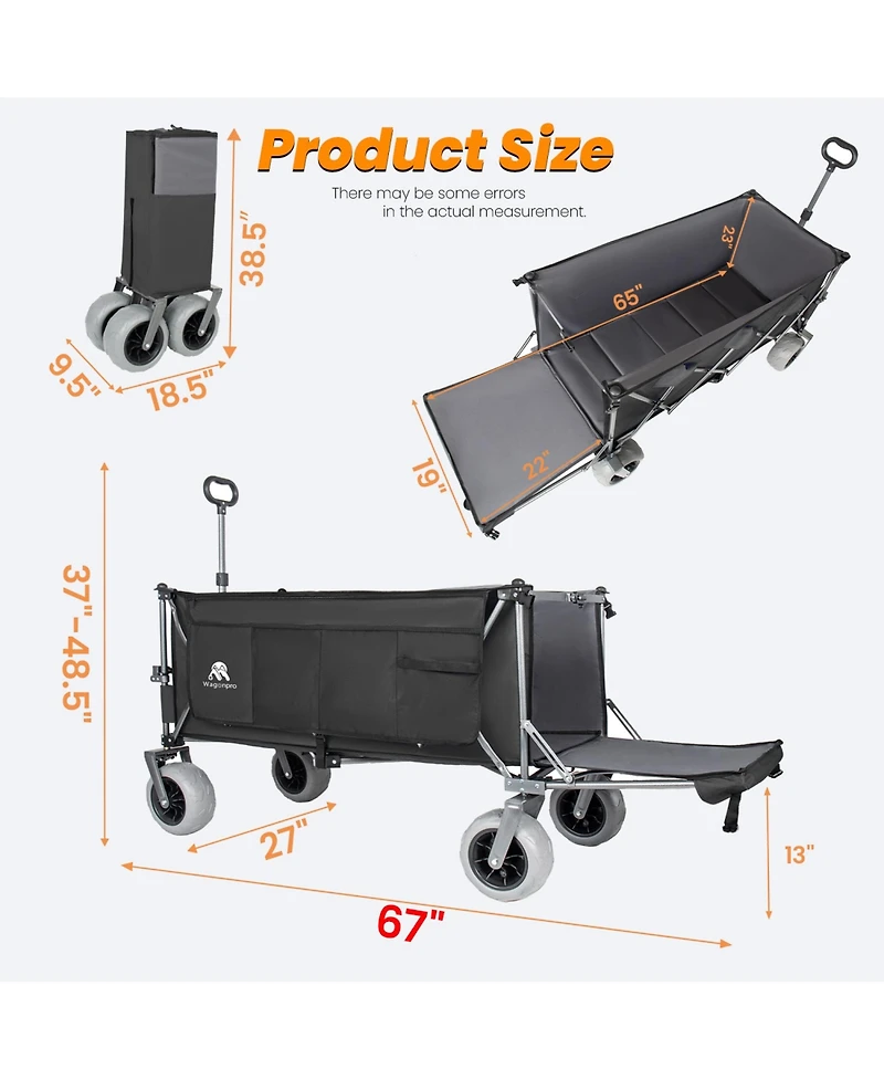 Rainsken Heavy Duty Utility Wagons, Extra Long Large Foldable Wagon with Opened Tailgate and All-Terrain Wheels.