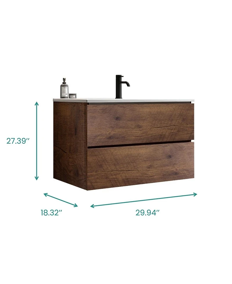 Thirtypeachy 30" Modern Walnut Wall Mount Vanity With Ceramic Sink, Single-Hole Top U-Channel Storage, Dtc Silent Close