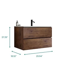 Thirtypeachy 30" Modern Walnut Wall Mount Vanity With Ceramic Sink, Single-Hole Top U-Channel Storage, Dtc Silent Close