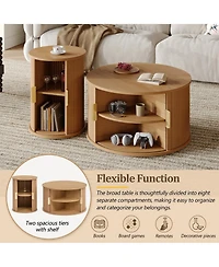 Rainsken Mid-Century Coffee Table Set, Round Fluted End Table With Storage, Handle, Sliding Tambour Door, Side Table for Living Room