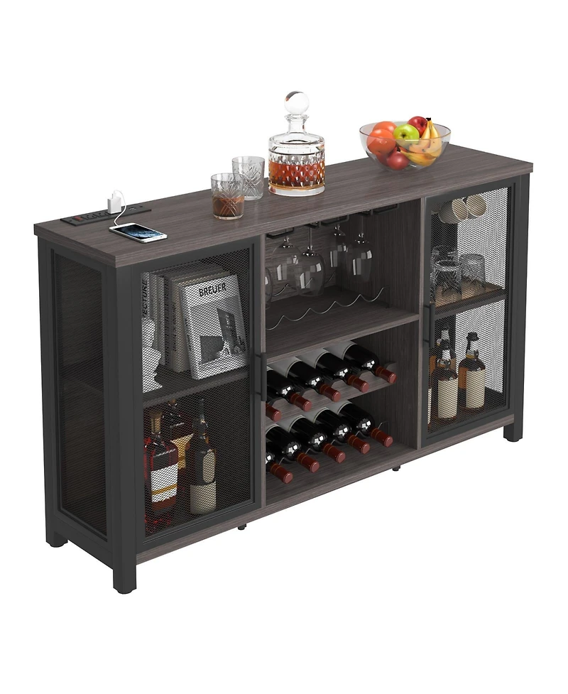 Gouun 47 Inch Industrial Bar Cabinet with Wine Rack and Power Outlets