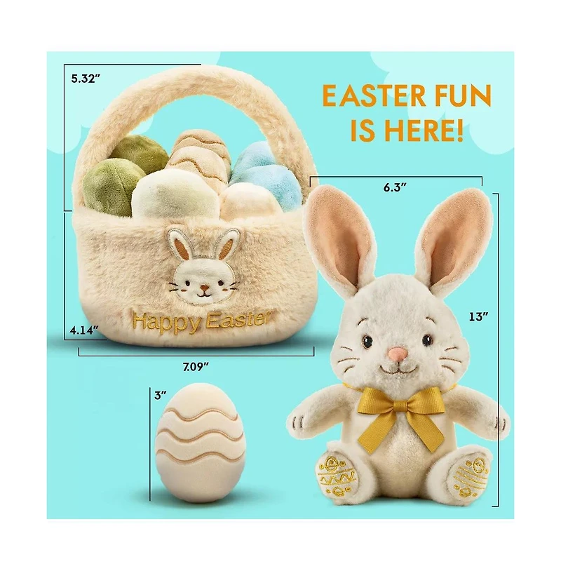 Sperric Easter Plush Bunny and Basket with Egg Toy Set, 13" Soft Cuddly Stuffed Bunny Bow and 9.5" Easter Basket with 10pc Plush Eggs