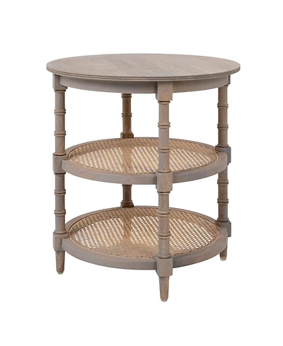 Storied Home 23" Wood Round End Table with 2-Woven Cane Shelves