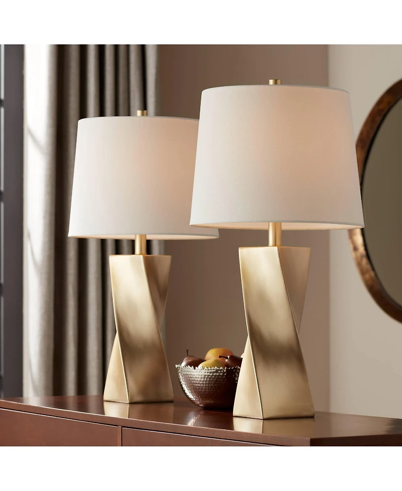 360 Lighting Arabella 25 High Geometric Modern 3-Way Table Lamps Set of 2 Gold Finish Shade Living Room Bedroom Bedside House