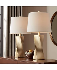 360 Lighting Arabella 25 High Geometric Modern 3-Way Table Lamps Set of 2 Gold Finish Shade Living Room Bedroom Bedside House