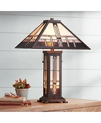 Robert Louis Tiffany Robert Mission Style Table Lamp 26" High Art with Table Top Dimmer Stained Glass Shade for Bedroom Living Room Bedside