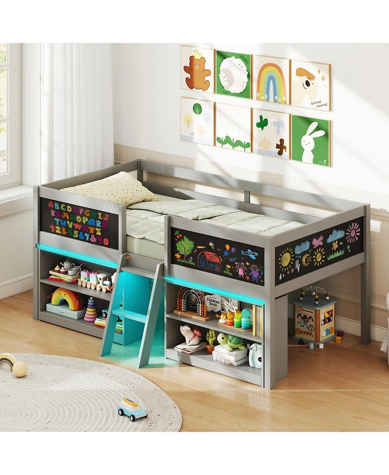 Gouun Low Loft Bed with Led Lights Kid's Cabin Bed with Bookcases