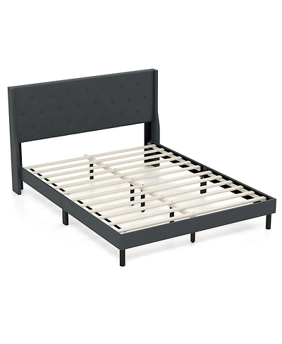 Gouun Upholstered Bed Frame with Button Tufted Wingback Headboard and Wooden Slats Support Mattress Foundation