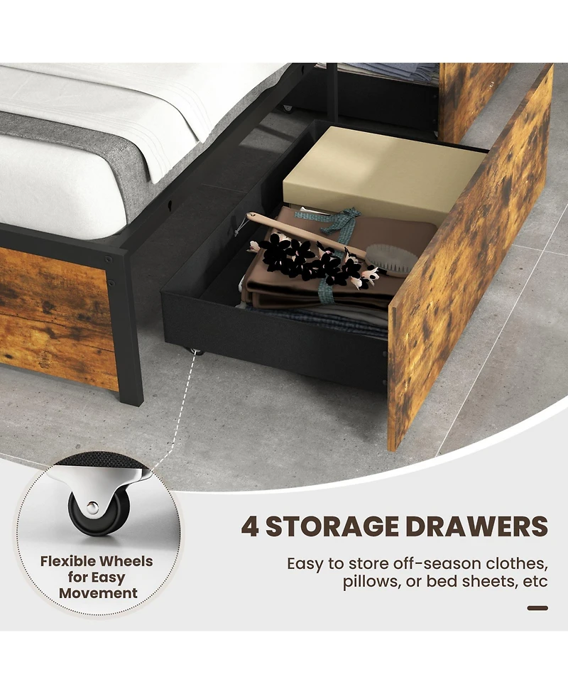 Gouun Twin size Bed Frame with Led Lights Upholstered Headboard and 4 Storage Drawers