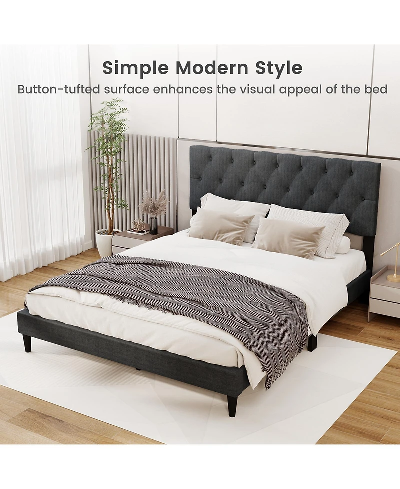 Gouun Queen Size Upholstered Platform Bed with Tufted Headboard and Wooden Slats